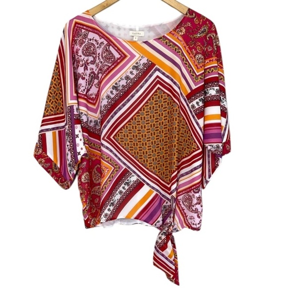 Laura NWT Colorful Patchwork Print Top Tied Waist Flowy Boho 70s Vibe Size 8 - Picture 2 of 12